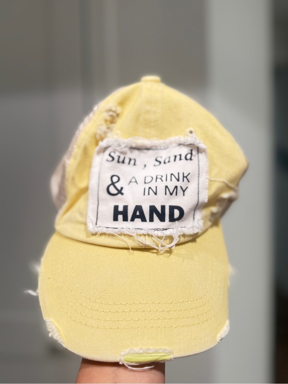 Yellow Distressed Baseball Cap with 'Sun, sand & a drink in my hand' Patch